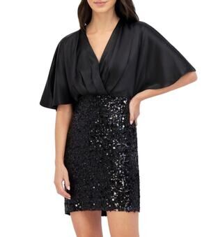 Eliza J Black Cocktail Dress Satin and Sequined Short Sleeve Mini Sheath Size 8